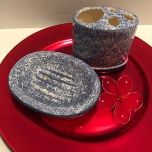 A medium-blue toile pattern porcelain 2 pc set.